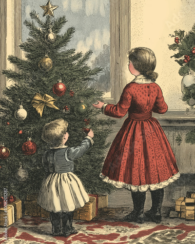 A child has a Santa cap on her head, Vintage engraved Christmas castle card style