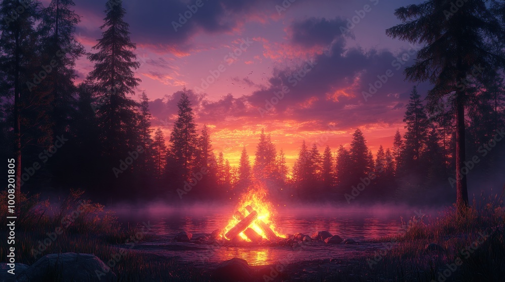 A serene campfire scene at sunset by a tranquil lake. A serene campfire scene at sunset by a tranquil lake.
