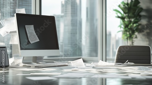 An empty office with scattered papers and a computer showing financial losses. photo