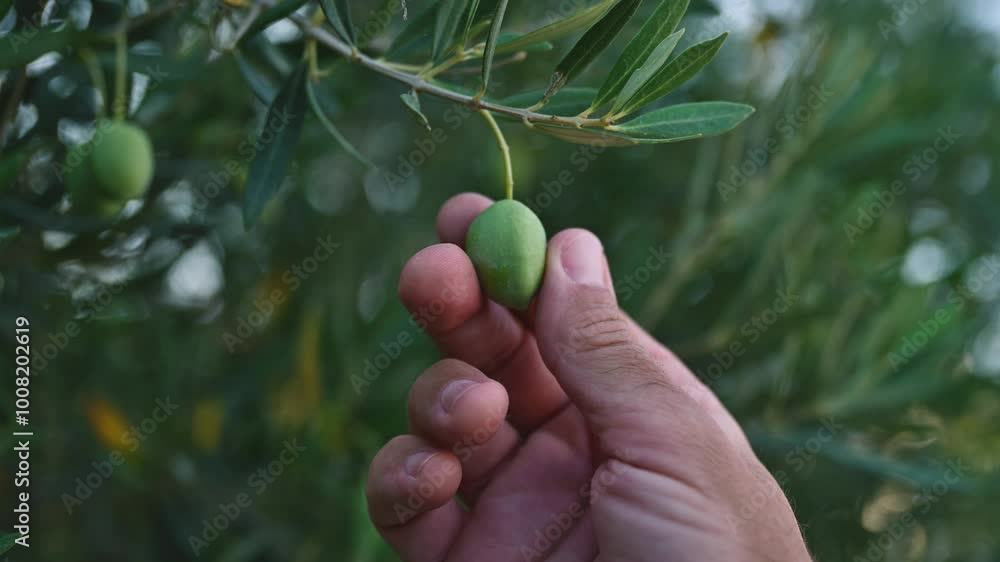 Farmer examining unripe olive fruit in organic orchard in Greece, 4K Farmer examining unripe olive fruit in organic orchard in Greece, 4K