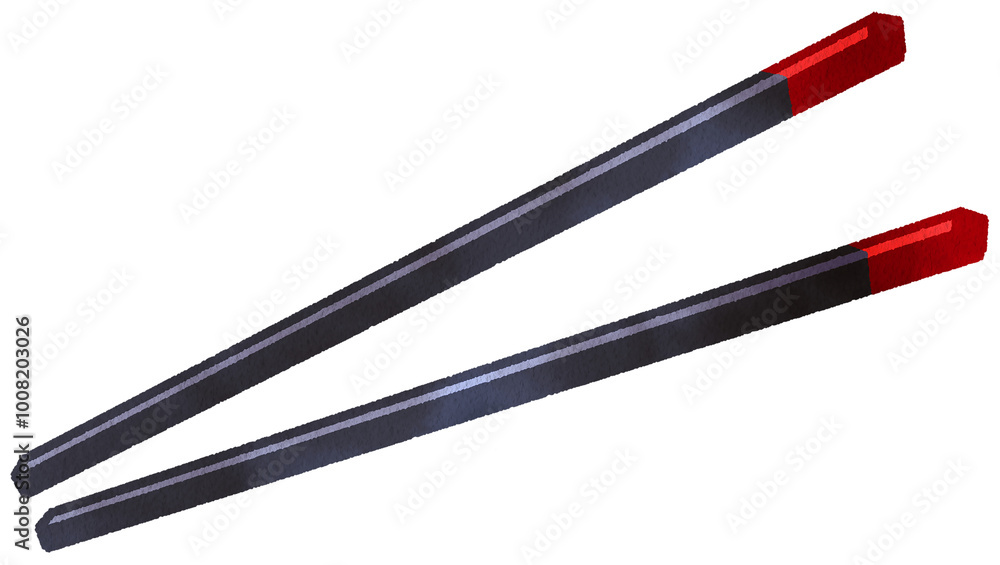 Black chopsticks with red tips, elegantly designed for enjoying sushi and other Asian dishes, hand-drawn watercolor painting illustration Black chopsticks with red tips, elegantly designed for enjoying sushi and other Asian dishes, hand-drawn watercolor painting illustration