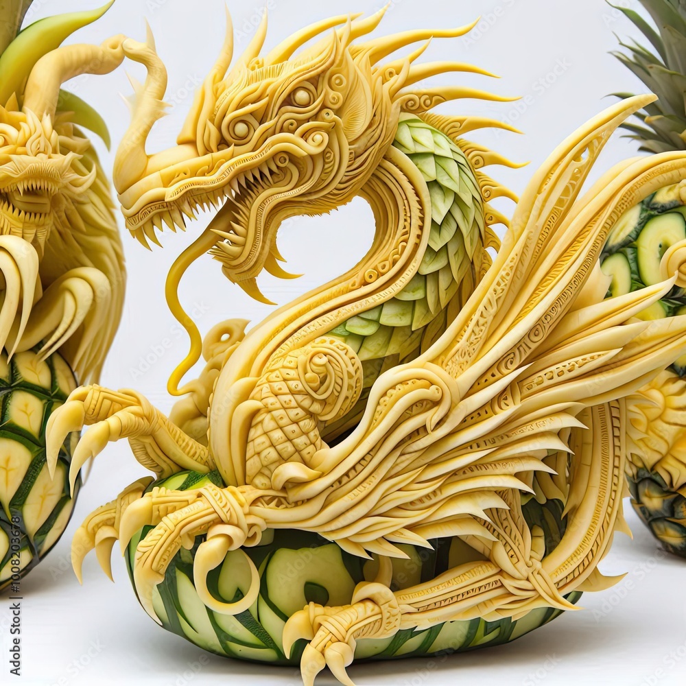 Detailed display of carved fruits resembling mythical creatures Detailed display of carved fruits resembling mythical creatures