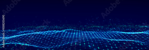 Technology hexagon dynamic wave on blue background. Futuristic honeycomb concept. Digital technology webflow. Big data visualization. 3D rendering.
