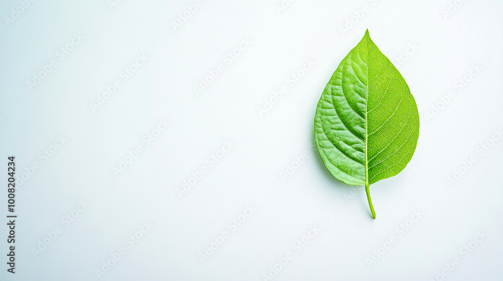 Single green leaf laying on minimal white background Single green leaf laying on minimal white background