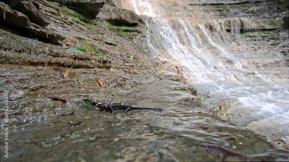 The autumn season, fire salamander with waterfalls on background (Salamandra salamandra) The autumn season, fire salamander with waterfalls on background (Salamandra salamandra)