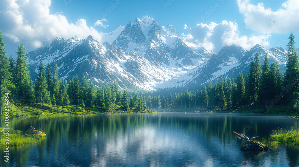 Awe-Inspiring Snow-Capped Mountain Range with Pristine Lake, Deer, and Eagles Embracing Natural Beauty and Serenity Awe-Inspiring Snow-Capped Mountain Range with Pristine Lake, Deer, and Eagles Embracing Natural Beauty and Serenity