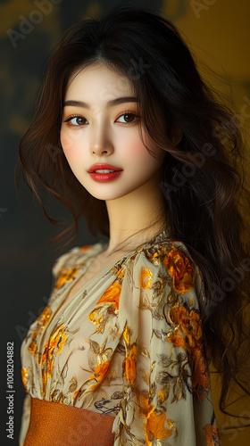 Elegant Asian Woman in Floral Dress with Flowing Hair in Radiant Portrait, Beauty and Fashion Concept, Studio Photography