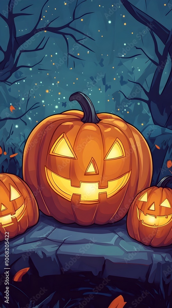 Spooky Glowing Carved Pumpkins in Mysterious Haunted Forest with Bats and Owls Under Starry Night Sky Spooky Glowing Carved Pumpkins in Mysterious Haunted Forest with Bats and Owls Under Starry Night Sky