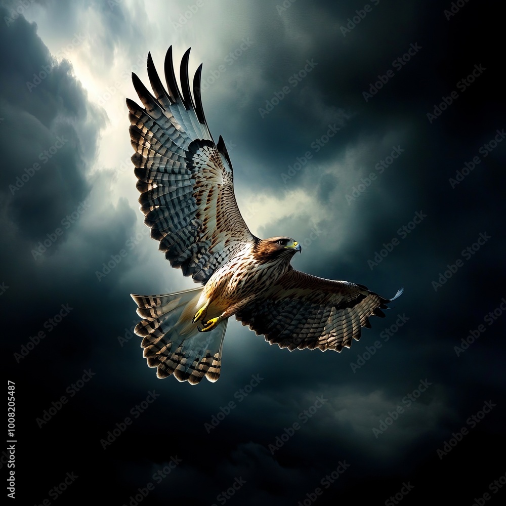 Fototapeta premium A bird of prey flying through a cloudy sky
