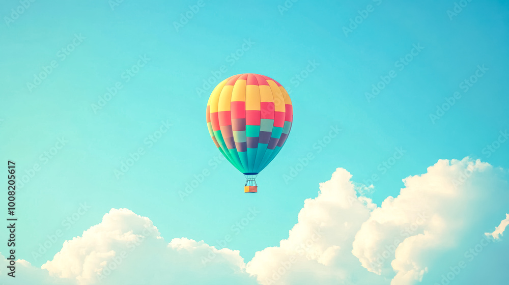 Fototapeta premium Colorful hot air balloon flying in blue sky with clouds