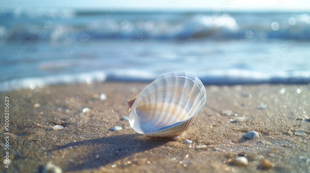 A transparent shell on a sandy beach, with the ocean waves in the background. A transparent shell on a sandy beach, with the ocean waves in the background.