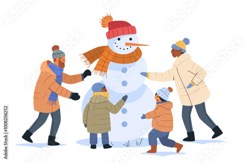 Family building snowman winter activity outdoor scene. Parents and children enjoying making snowman together in winter clothing. Colorful hats scarves. Seasonal holiday fun