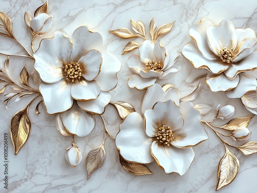 Elegant White Blossoms with Gilded Edges: A Stunning Close-Up for Chic Sports Interior Posters, Enhancing Spaces with Delicate Nature and Luxurious Accents on Smooth Stone Background