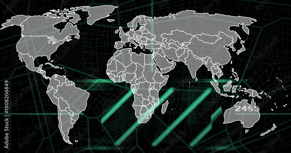 Fototapeta premium Image of scientific data processing over world map on dark background