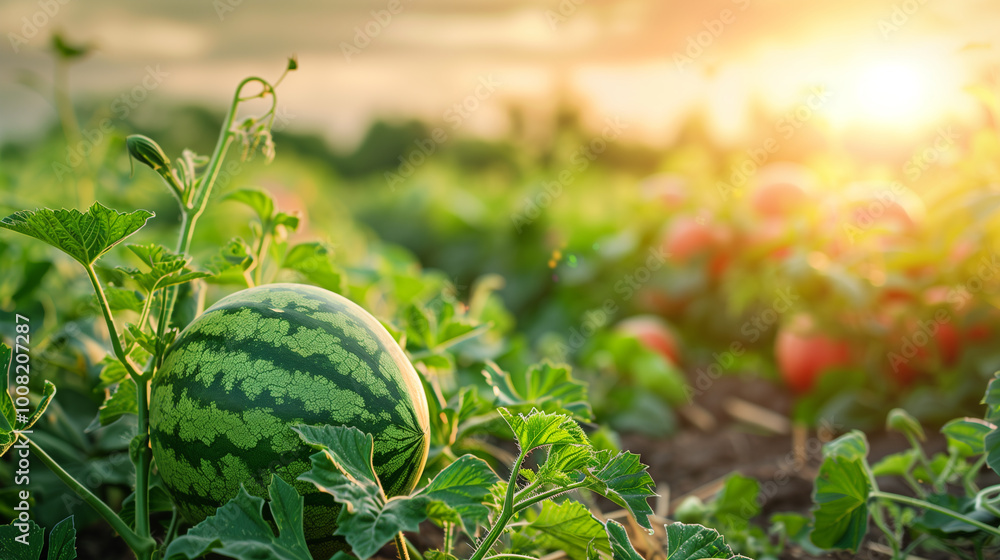 fresh watermelon lying on farmland soil surrounded by green leaves under warm golden sunlight fresh watermelon lying on farmland soil surrounded by green leaves under warm golden sunlight