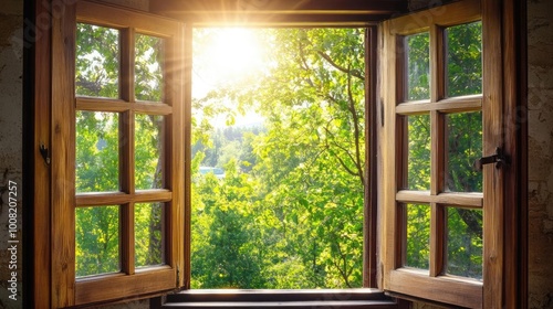 A serene view through an open window showcasing sunlight and lush green trees, creating a peaceful and inviting atmosphere.