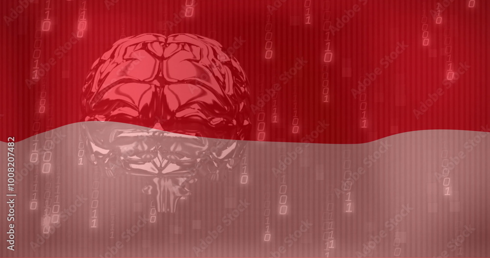 Obraz premium Image of flag of indonesia over binary coding and brain