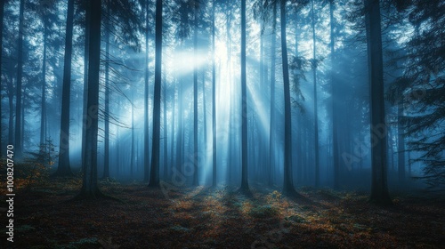 A misty forest with sunlight streaming through the trees, creating a serene atmosphere.