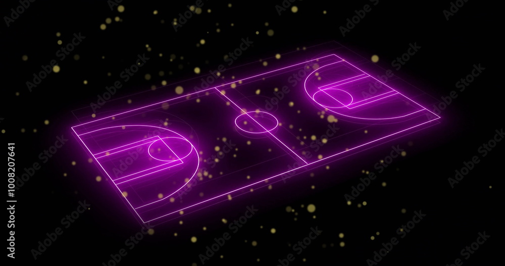 Obraz premium Glowing basketball court image over black background with floating golden particles