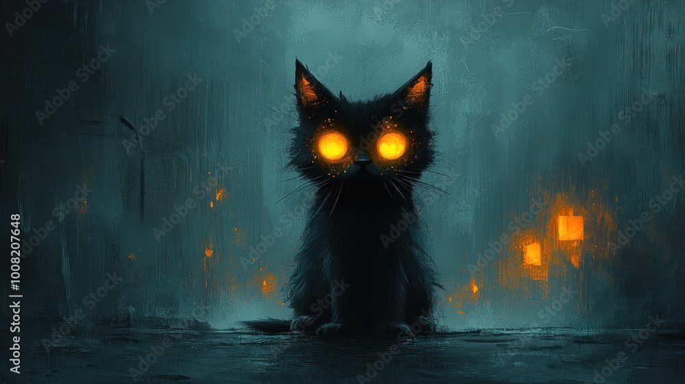 A mysterious black cat with glowing eyes in a dark, atmospheric setting. A mysterious black cat with glowing eyes in a dark, atmospheric setting.