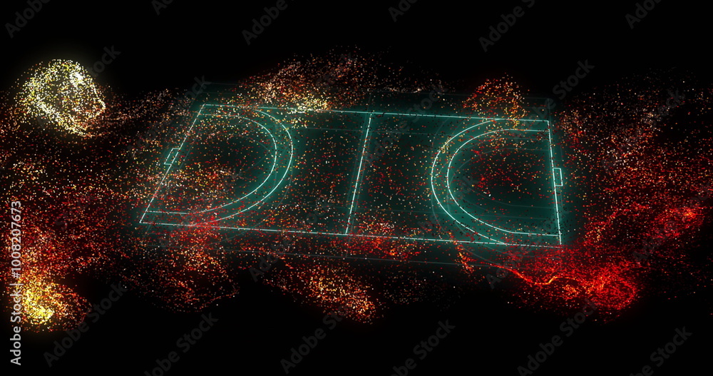 Naklejka premium Digital basketball court with glowing lines and particles image