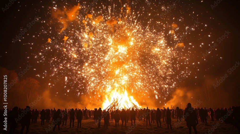 Crowd enjoying bonfire night with fireworks exploding in the sky Crowd enjoying bonfire night with fireworks exploding in the sky