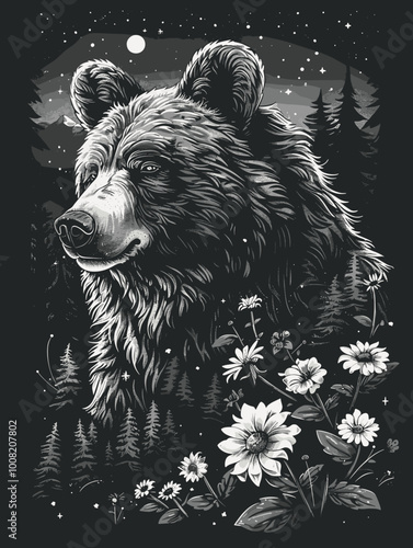 A bear is standing in a forest with flowers in the background. The bear has a curious expression on its face