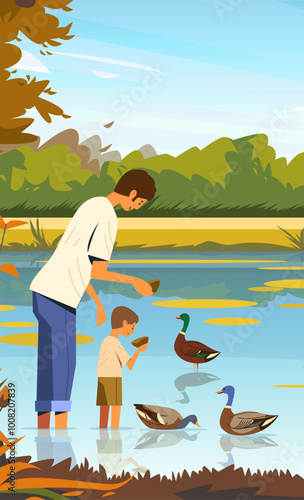 Father and son feeding ducks by a lake surrounded by nature and trees peaceful outdoor activity family bonding