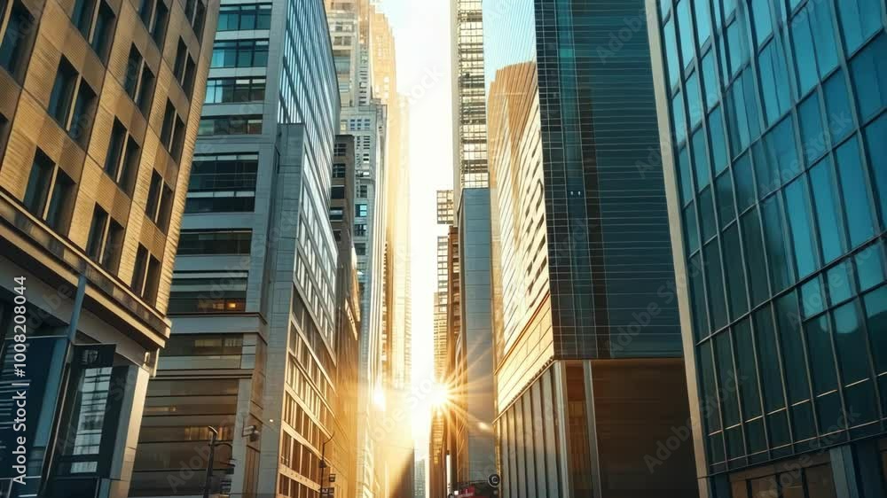 A vibrant urban sunset scene showcasing tall glass buildings with striking reflections and warm golden light filling the street A vibrant urban sunset scene showcasing tall glass buildings with striking reflections and warm golden light filling the street