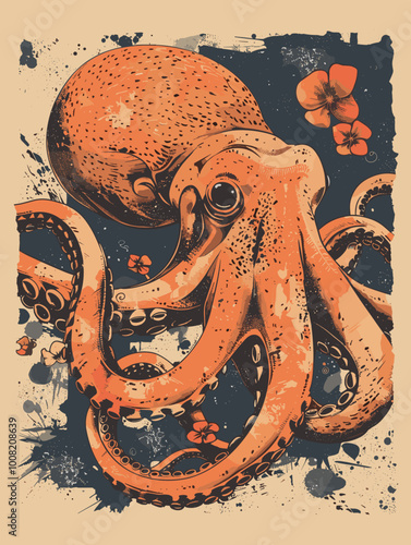 A colorful painting of an octopus with a flower in its mouth. The octopus is orange and has a flower in its mouth, giving it a whimsical and playful appearance. The painting is full of vibrant colors