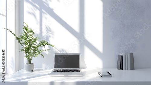 11. A clean white desk with a closed laptop and a single notebook placed beside a window, casting natural light into the room