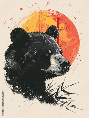 A bear is staring at the sun. The bear is black and the sun is orange. The bear is looking at the sun with a serious expression