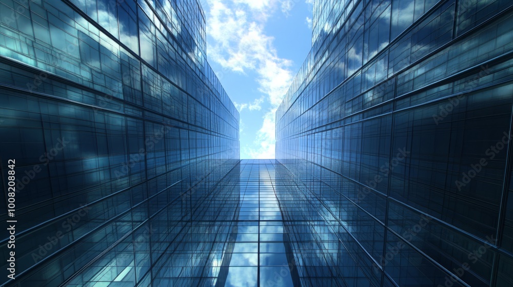 An upward view between glass skyscrapers, showcasing modern architecture and reflective buildings that beautifully mirror the sky. This scene captures the essence of an urban landscape, highlighting An upward view between glass skyscrapers, showcasing modern architecture and reflective buildings that beautifully mirror the sky. This scene captures the essence of an urban landscape, highlighting