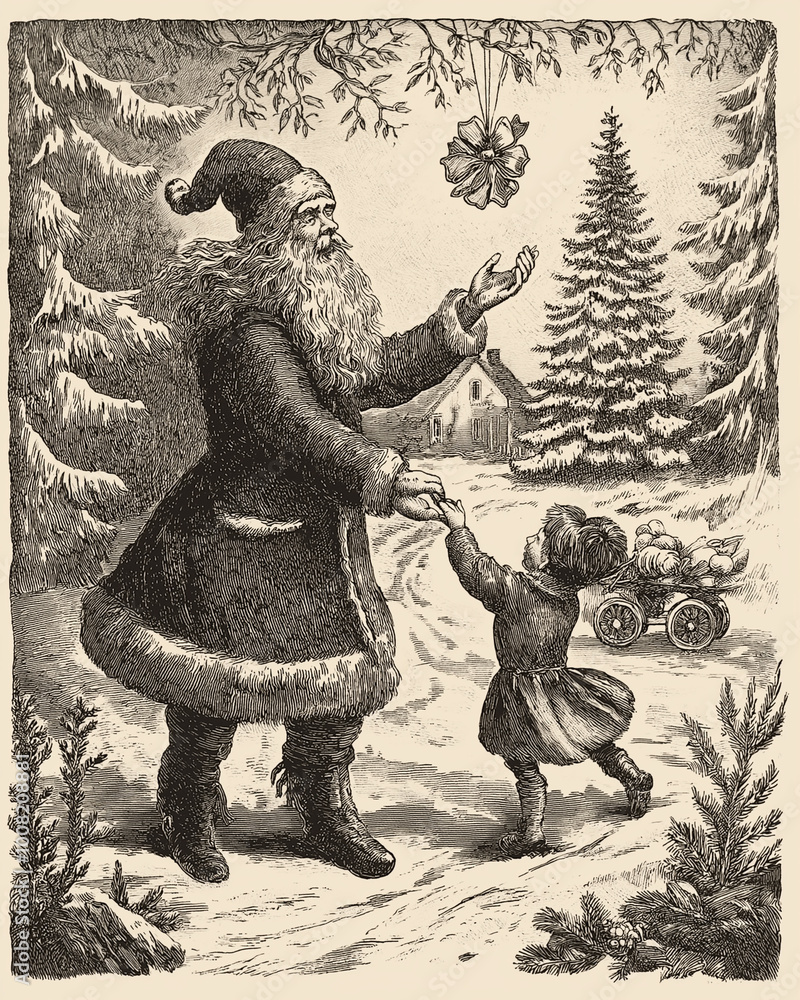 Naklejka premium Santa Vintage engraved Christmas background card style