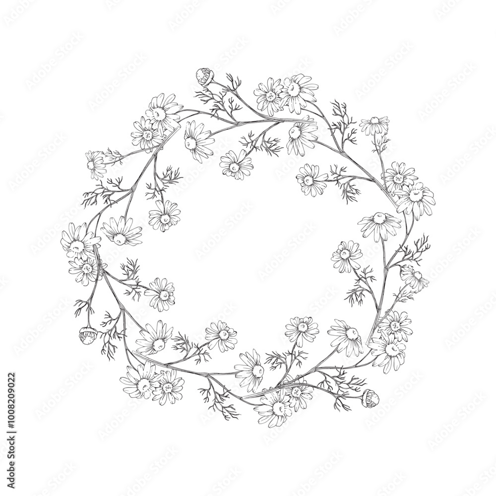 Chamomile wreath hand drawn sketch. Line drawn illustration on white background. Element for tea and cosmetics label design. Chamomile wreath hand drawn sketch. Line drawn illustration on white background. Element for tea and cosmetics label design.