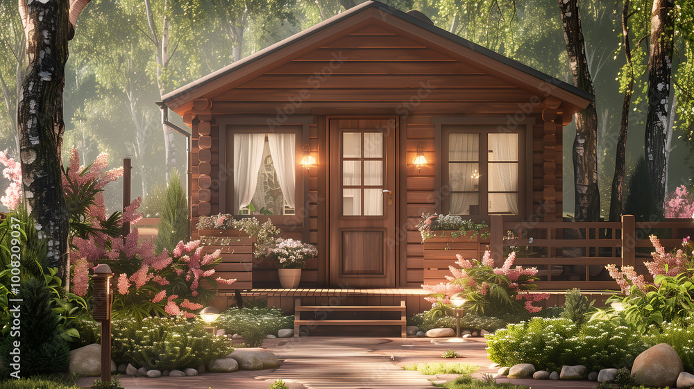 cozy wooden forest house in the forest among the trees, creating a serene atmosphere. cozy wooden forest house in the forest among the trees, creating a serene atmosphere.