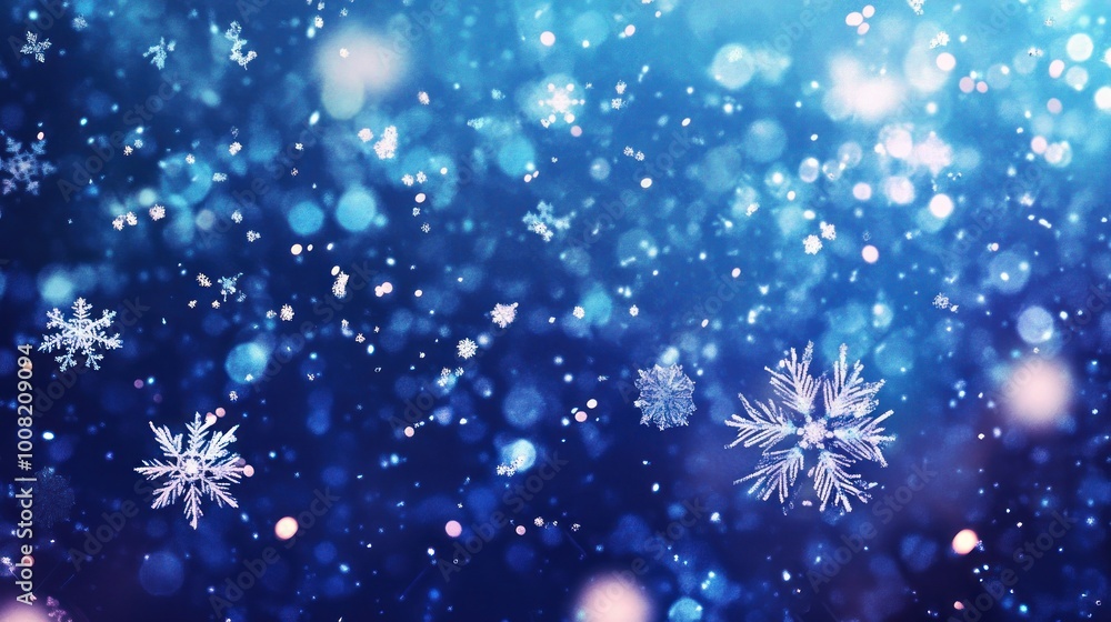A serene winter scene with falling snowflakes against a dreamy blue background. A serene winter scene with falling snowflakes against a dreamy blue background.