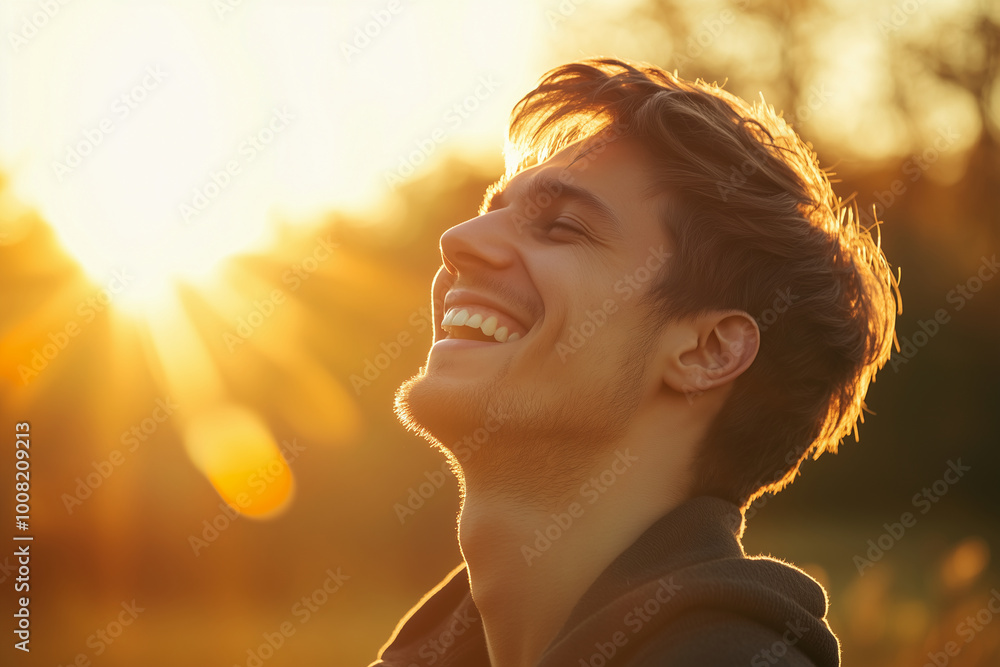 man laughing with his head slightly turned, the sunlight highlighting the contours of his face man laughing with his head slightly turned, the sunlight highlighting the contours of his face