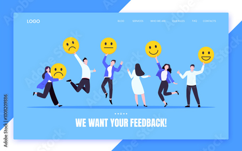 Employee happiness and work attitude feedback business concept flat style vector illustration. Business people with various feedback emoticons. Working wellbeing and satisfaction feedback