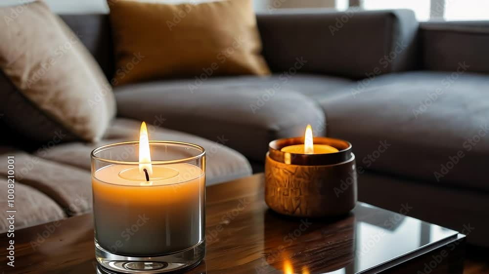 The frame captures a cozy living room scene with glowing candles, evoking warmth and tranquility in a modern, inviting space The frame captures a cozy living room scene with glowing candles, evoking warmth and tranquility in a modern, inviting space