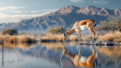 A photorealistic image of an impala drinking from a watering hole.