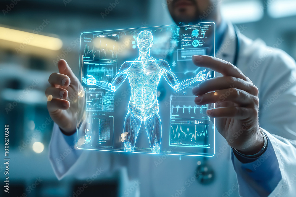 © Nanthiwan - A doctor carefully examines a virtual x-ray projection with focused attention. The integration of advanced technology in medical diagnostics. Generative AI. © Nanthiwan - A doctor carefully examines a virtual x-ray projection with focused attention. The integration of advanced technology in medical diagnostics. Generative AI.