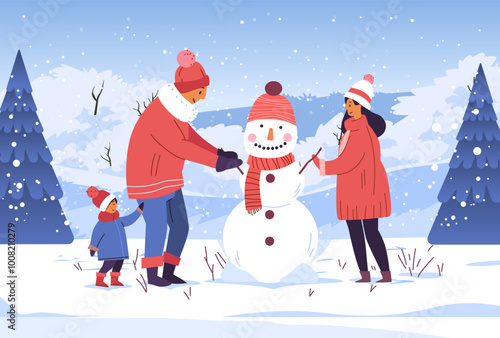 Family building snowman winter landscape snowy trees happy holiday scene
