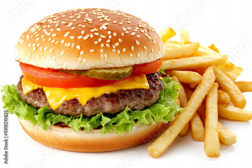 Delicious classic burger cheeseburger with crispy fries, featuring fresh lettuce, juicy beef patty, melted cheddar, pickles, and tomato in a sesame seed bun for the ultimate comfort food meal.