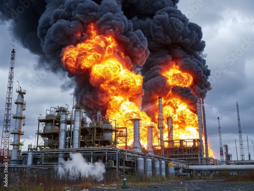 Big flame of fire and black smoke, explosion in an industrial oil refinery factory building - ai