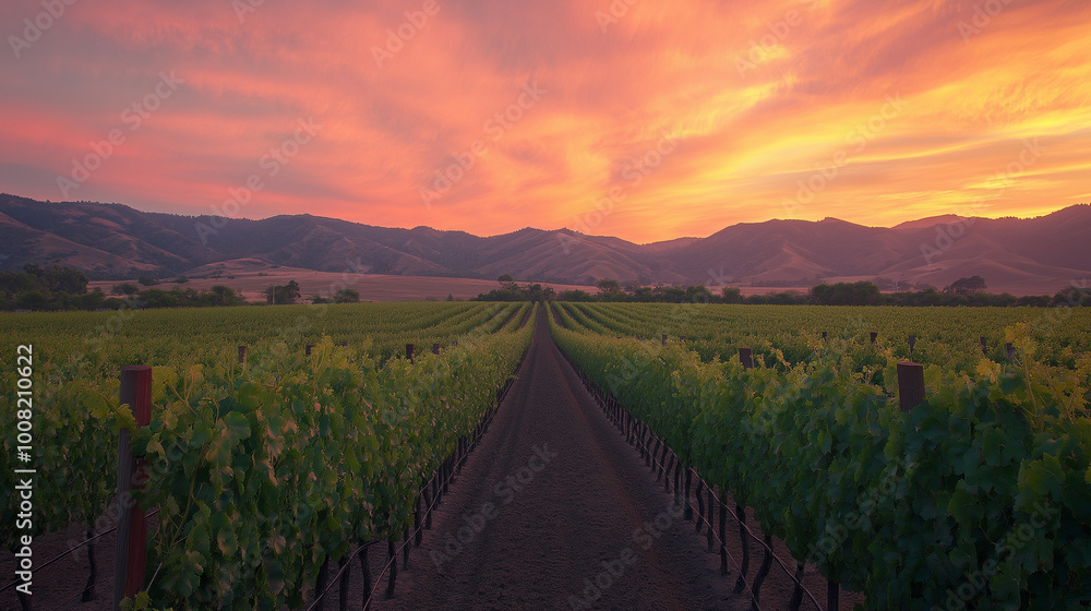 Fototapeta premium A vineyard landscape at sunset, with rows of grapevines heavy with ripe grapes