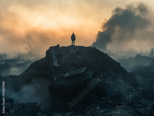 A dramatic scene of a lone survivor standing atop a hill overlooking a devastated landscape filled with ruins and smoke rising in the distance photo