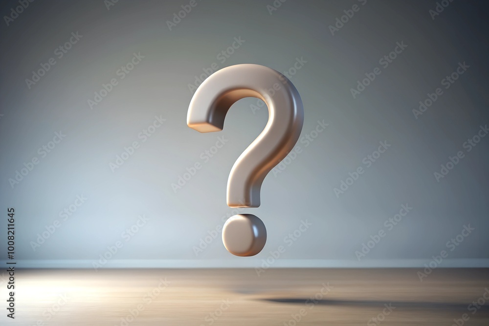 detailed 3D question mark floating in mid air, symbolizing curiosity and inquiry, set against soft, minimalistic background detailed 3D question mark floating in mid air, symbolizing curiosity and inquiry, set against soft, minimalistic background