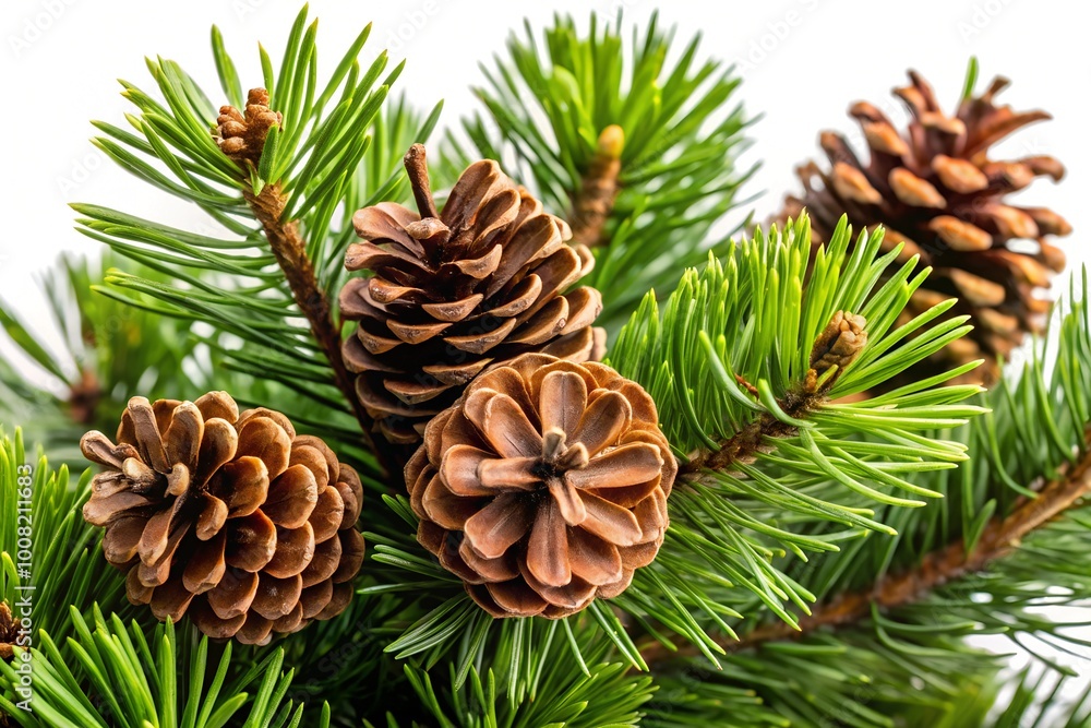 Close-up of a pine branch adorned with pine cones, showcasing rich green needles and natural texture for seasonal decoration. Close-up of a pine branch adorned with pine cones, showcasing rich green needles and natural texture for seasonal decoration.