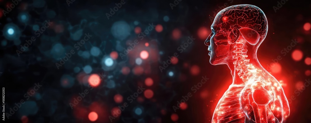 A glowing human silhouette emphasizes the intricate network of bones and muscles, set against a vivid, colorful background. A glowing human silhouette emphasizes the intricate network of bones and muscles, set against a vivid, colorful background.
